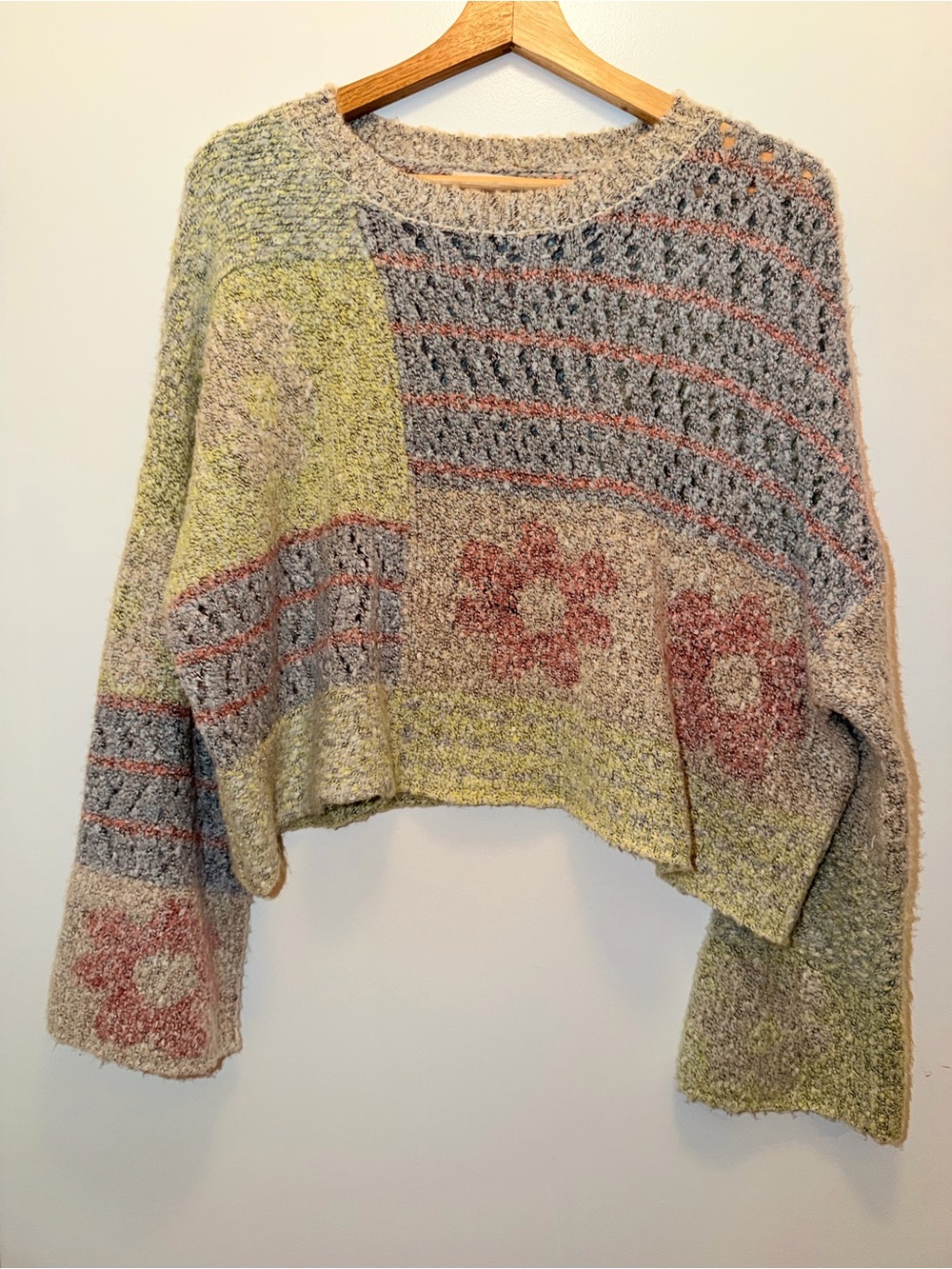 Sincerly Jules Sweater Women’s Large Cropped Pastel Patchwork Boucle Pullover